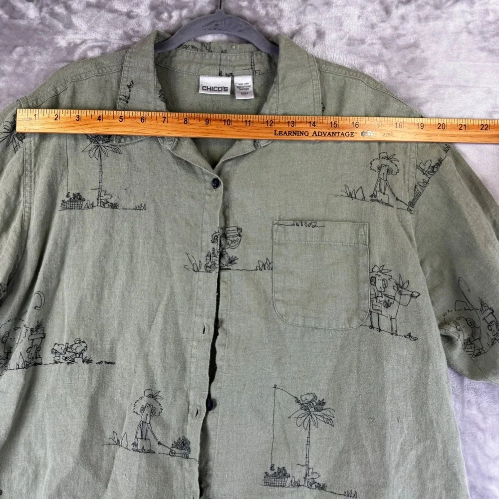 Chico's Button Down Shirt Women‎ 2 Green Linen Novelty Print Tropical (1470)